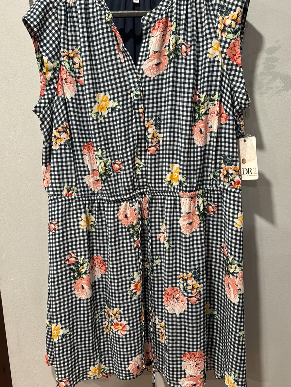 DR2 Navy Gingham Floral Drawstring Dress with Pink & Yellow Blooms